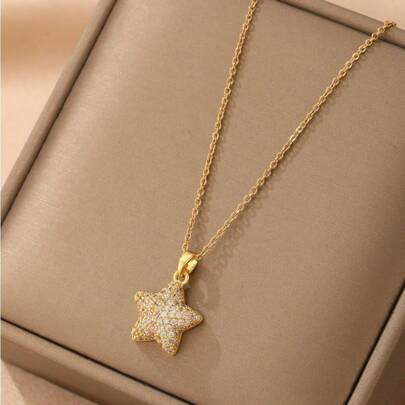 1 Pieza Collar Colgante De Estrella De Cinco Puntas Y Estrella De Mar De Circonita Cúbica En Cadena De Acero Inoxidable Chapado En Oro Para Mujeres, Retro & Moderno & Versátil & Encantador, Adecuado Para Uso Diario, Trabajo, Fiestas Y Festivales