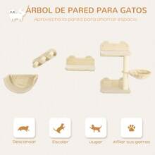 PawHut Estante de Escalada para Gatos de Pared Juego de Estantes para Gatos 4 Piezas con Hamaca Nido Rascador Plataformas para Saltar y Poste de Sisal Beige - Beis - Ver 2