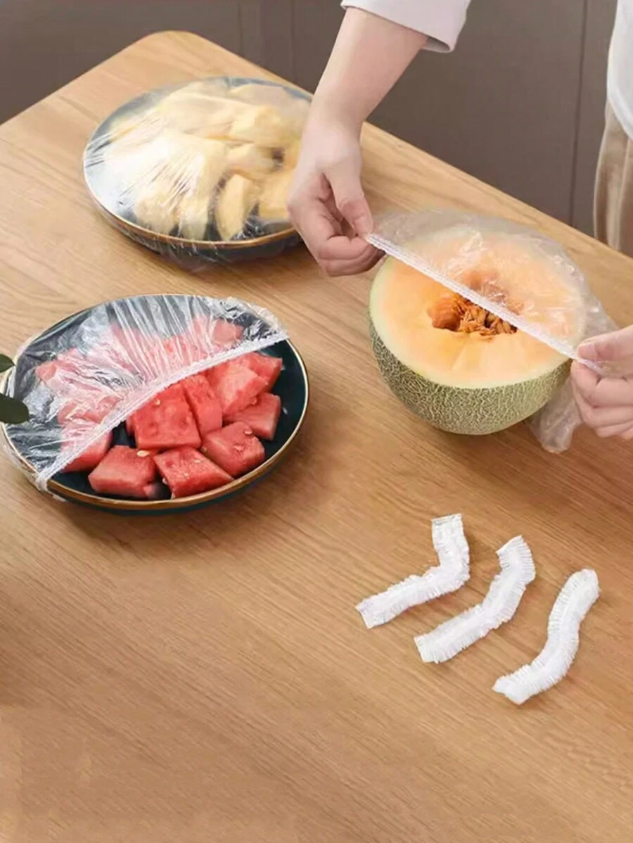 100pcs/Pack Disposable Cling Film Wrap, Elastic Refrigerator Vegetable & Fruit Preservation Bags - Clear - View 1