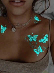 1 Sheets Large Size Blue Luminous And White Ink Glow In The Dark Originality Body Art Temporary Tattoo Stickers, Glitter Butterfly Starlight Pattern,Waterproof Fake Tattoo, Lasts 2-5 Days, Covering Scars,Can Be Used On Arms Wrist Shoulders Legs Waist Neck Hand Chest Thighs Finger,Party Birthday Surprise Gift - Multicolor - View 4