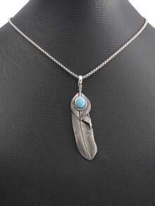 1pc Stainless Steel Box Chain Pendant Necklace, Silver Color Long Feather Inlaid Turquoise With Golden Edge Antique Metal Alloy Necklace For Men's Hip-Hop Style, Gift For Brother - Chain Clauses - View 9