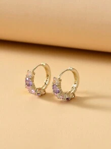 2pcs Fashionable Pink Zirconia Round Shaped Hoop Earrings For Women - Multicolor - View 2