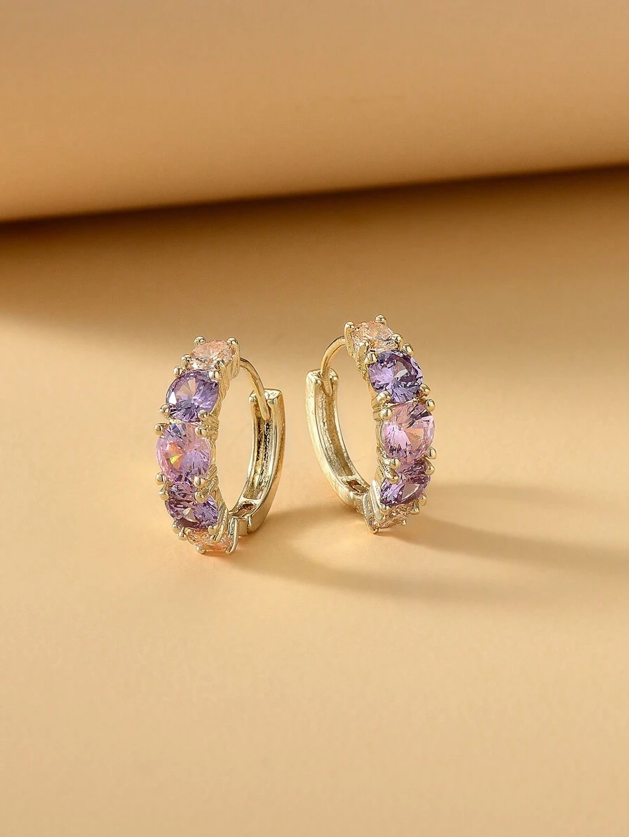 2pcs Fashionable Pink Zirconia Round Shaped Hoop Earrings For Women - Multicolor - View 1