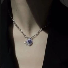 1pc Fashionable And Personalized Silver-Tone Heart-Shaped Purple Cubic Zirconia Women Daily Accessory, Valentine's Day Gift Pendant Necklace - Purple - View 1