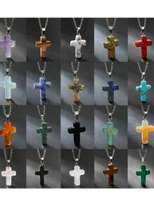 Natural Stone Cross Gemstone Pendant Charm Quartz Crystal Necklace - cross - View 1