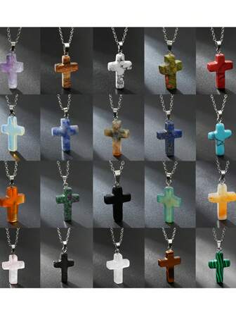 Natural Stone Cross Gemstone Pendant Charm Quartz Crystal Necklace