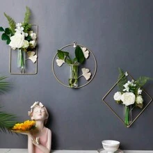1入組金色鐵花瓶，創新銀杏葉裝飾花瓶，幾何金色花瓶，金屬玻璃花瓶，北歐風格掛牆花瓶，創意掛牆裝飾玻璃水培花盆，客廳門廳裝飾家居掛花瓶，現代鐵框干花瓶，掛壁式Ins卧室農家婚禮居家中心裝飾 - 金色 - 查看 1
