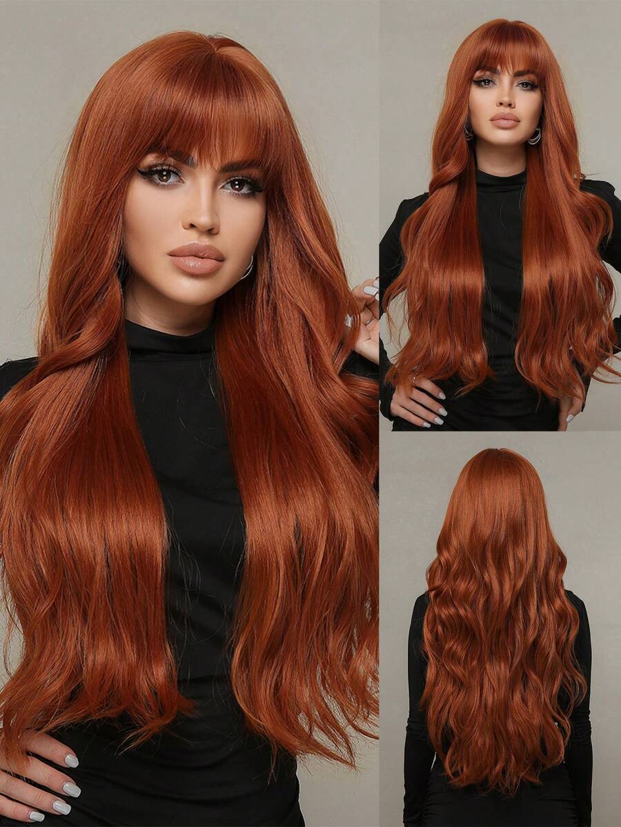 26 Inch Orange Long Curly Wig With Bangs Synthetic Wig Beginners Friendly Heat Resistant Fashionable For Daily Use Party - Dirty Orange - View 1