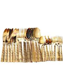 Faqueiro de Inox De Luxo Talheres de Cozinha Dourado Cabo desenho Galhos faca de Mesa Colher de Mesa Colher de Sobremesa Garfo de Mesa 30peças