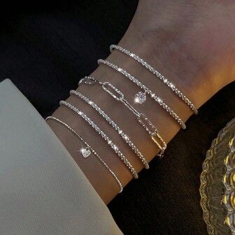 6pcs Simple Copper Material Sparkling Heart Shaped Rhinestone Chain Bracelet Set For Women, Suitable For Vacation, Dating, Daily Wear Or Gift