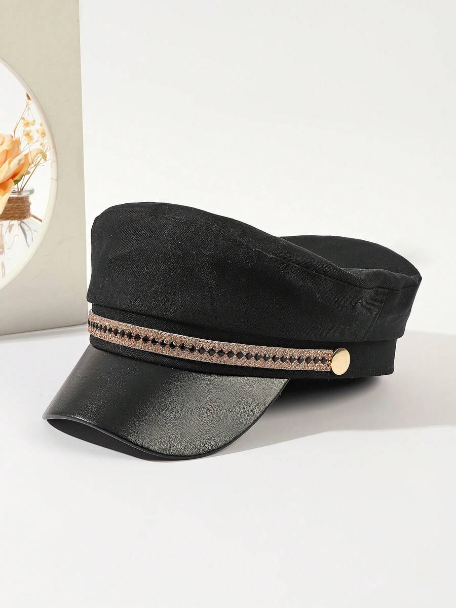 1 Pieza Gorro Popular Estilo Francés Para Mujeres, Decorado Con Diamantes De Imitación Y Cadenas, Con La Parte Superior Plana Y Borde, Adecuado Para Uso Diario En Primavera Y Otoño, Estilo Coreano - Negro - Ver 1