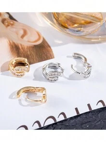 1對2024新款耳環,雙線鑲石奢華耳夾,獨特設計鑲鑽石圓形耳釘,適合時尚愛好者 - 金色 - 查看 2