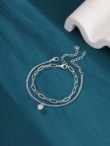 2pcs/Set Fashionable Silver-Color Heart Shaped Element With Cubic Zirconia Chain Bracelet, Unique & High-End Gift - Silver - View 3