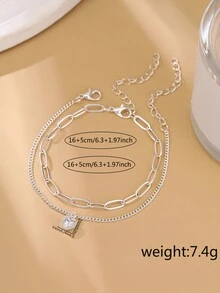 2pcs/Set Fashionable Silver-Color Heart Shaped Element With Cubic Zirconia Chain Bracelet, Unique & High-End Gift - Silver - View 4