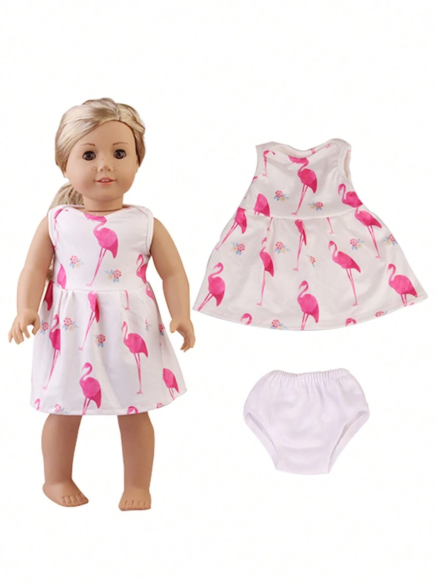 1 Pieza Vestido De Muñeca De 18 Pulgadas Con Lindo Diseño De Flamenco De Dibujos Animados, Que Incluye Ropa Interior Blanca, Adecuado Para Muñecas Americanas De 18 Pulgadas (muñeca No Incluida) - Blanco - Ver 1