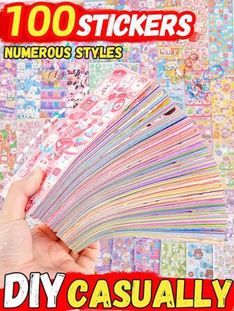 100 Cute Cartoon Laser Stickers (Random Sticker Patterns), GOO Card Stickers, Party DIY Stickers, With Built-In Cutting Lines That Do Not Require Cutting, Cute Cartoon Themed Stickers For Adults, Teenagers, And Children