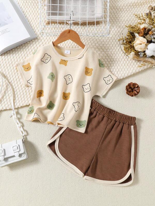Young Girl Bear Print Round Neck Short Sleeve Top & Contrast Trim Shorts Set