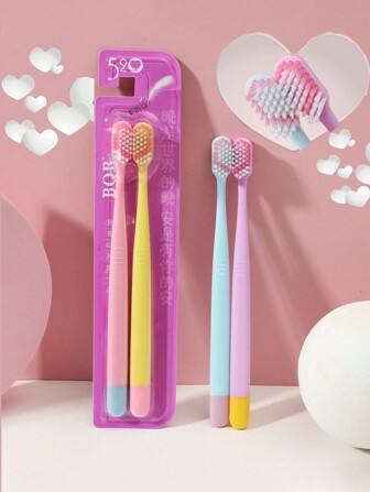 2入組/1卡冰淇淋彩色2入組情侶牙刷，軟毛成人牙刷不傷牙齦心形設計
