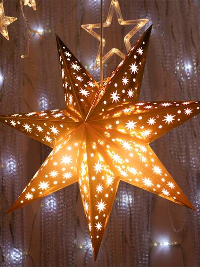 1PC Hollow Out Star Hanging Pendant  Decoration Home Bedroom Night Light Paper Lampshade Garden Hanging Pendant Wedding Decor,Gold Hollow Out Star Hanging Pendant, Mubarak  Decoration  Decor Home Bedroom Paper Lampshade Garden Hanging Pendant Holiday Party Decor
