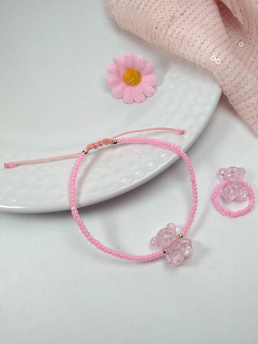 1 組可愛壓克力串珠淺粉紅小熊手鍊與戒指 - 一組可愛穿珠壓克力粉紅小熊手鍊和壓克力粉紅小熊戒指 - 查看 1