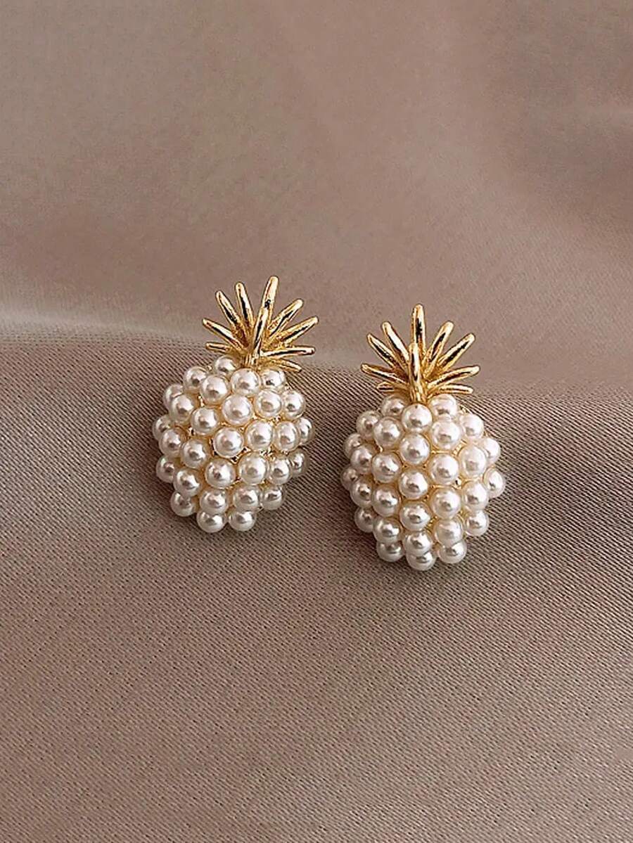 人造珍珠裝飾菠蘿耳環優雅珠寶耳環送給女孩的禮物 - 彩色 - 查看 1