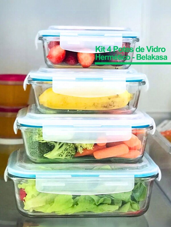 Kit 4 Potes Merendeira Marmita De Vidro Hermetico Com Tampa Silicone 4 Tamanhos Para Armazenar Alimentos
