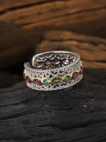 1入時尚奢華s925純銀復古宮廷風格花綴開口戒指,適用於女性日常穿戴派對禮物 - 銀色 - 查看 5