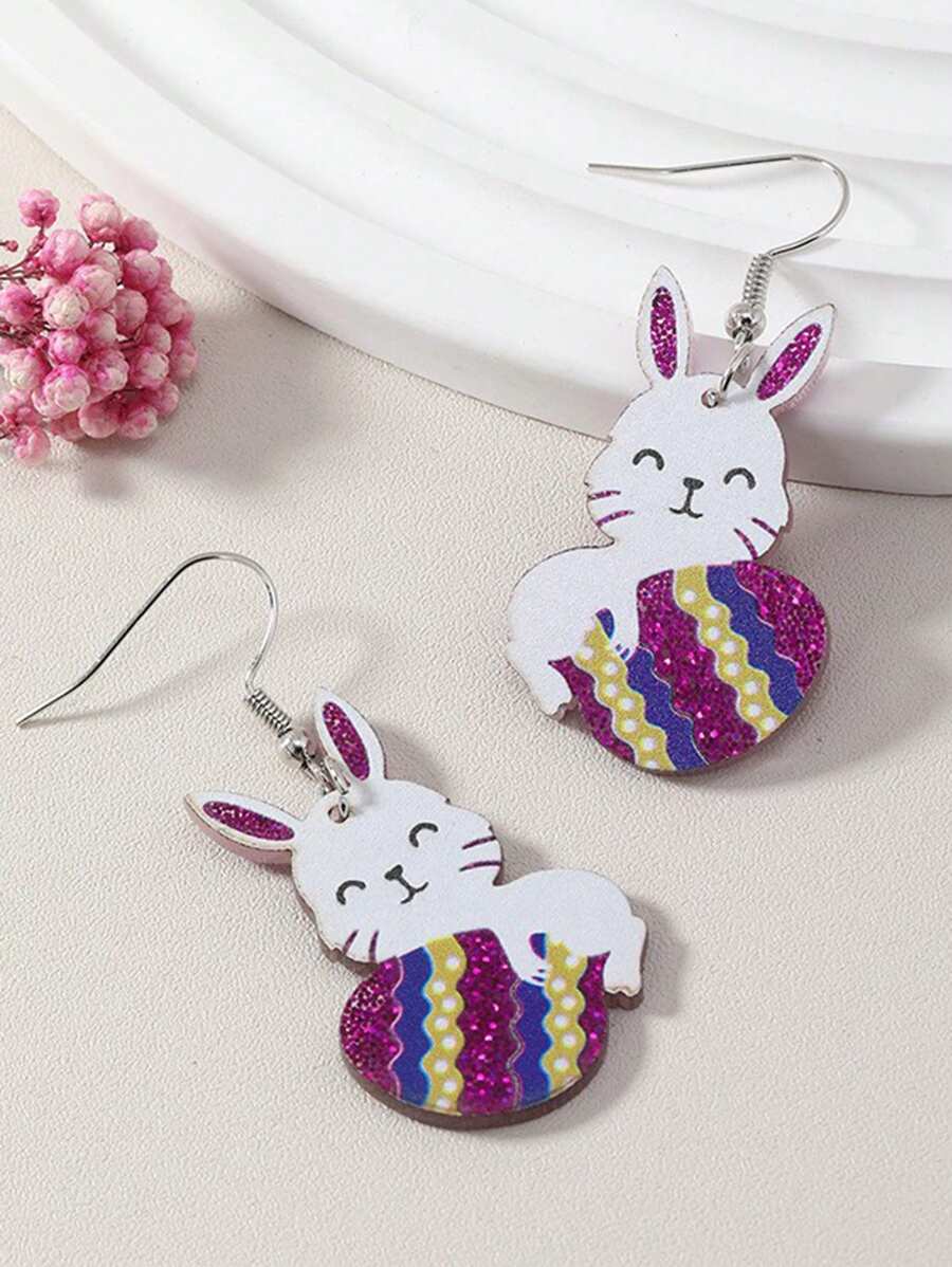 1pair Easter Cute Bunny & Egg Shaped Acrylic Earrings For Women Holiday Wear - Multicolor - View 1