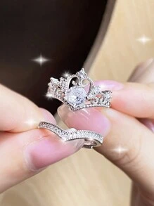 2 chiếc Hốc Thiết Kế Độc Đáo Thanh Lịch Thái Công Chúa Nhẫn Cưới Giả Moissanite Nhẫn Nữ Ánh Sáng Sang Trọng - Bạc - Xem 3
