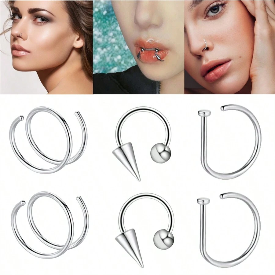 6入組時尚的女性無洞鼻唇環,不鏽鋼身體飾品 - 彩色 - 查看 1