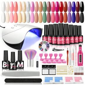 coscelia 1 pezzo Lampada per unghie + 1 pezzo Smerigliatrice per unghie (consegna casuale di 6 pezzi di teste di smerigliatura) + 20 pezzi Smalto gel per unghie da 7 ml + 3 pezzi Base coat e Top coat gel + 3 pezzi Decorazioni per unghie + 14 pezzi Accessori per unghie, Kit multifunzione per arte di unghie (confezione casuale da 2 g di colla per unghie)