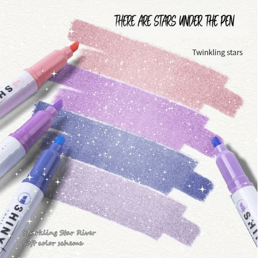 4/12pcs Glitter Shiny Highlighter Marker Pens, Colorful Painted Stationery School Supplies, Random Colors Back To School