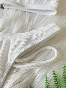 2 Pieces Ribbed Cut-Out Scoop Neck Sexy Solid Bikini Set White Bathing Suit, Smaller Size, Vacation Outfits Woman - White - View 5