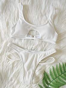 2 Pieces Ribbed Cut-Out Scoop Neck Sexy Solid Bikini Set White Bathing Suit, Smaller Size, Vacation Outfits Woman - White - View 2