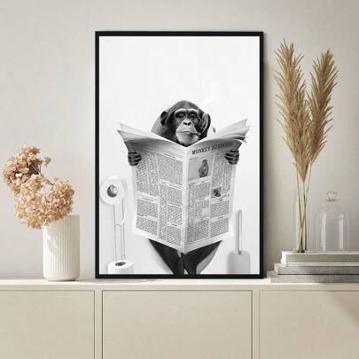 1 Pezzo Scimmia In Toilet Che Legge Giornale Pittura Ad Olio Su Tela Decorazione Da Parete, Stampa Di Poster Interessante In Bianco E Nero Di Animali Selvatici Per La Decorazione Del Bagno, Pittura D'arte Da Parete Per Soggiorno Camera Da Letto Bagno Ufficio Cucina (senza Cornice)