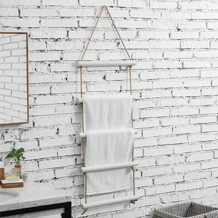 1pc Wooden Wall Mount Towel Rack Ladder With 5 Rungs And Rustic Rope For Bathroom Towel Drying