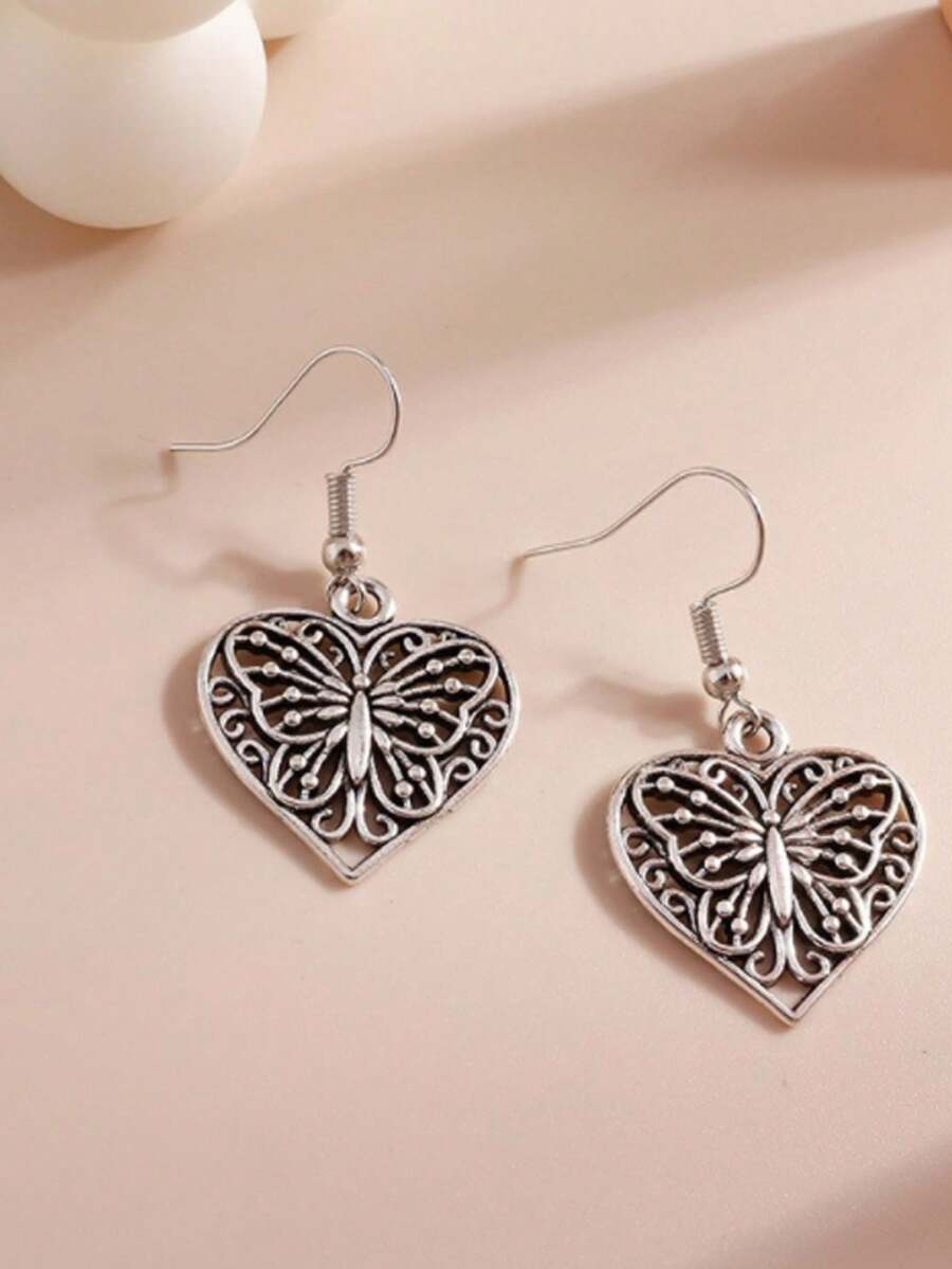 2pcs/Set Vintage Heart Charm Earrings - Silver - View 1
