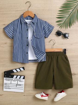 小男孩夏季條紋翻領短袖襯衫+綠色短褲套裝