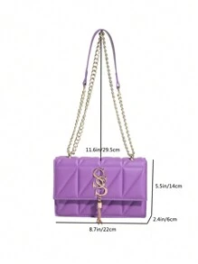 Fashionable Plaid Patterned Clamshell Top Metal Connected Shoulder Crossbody Bag With Tassel & Letter S Decor, Suitable For Various Occasions - Purple - View 2