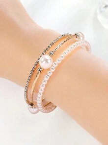 1 件简约多层仿珍珠水晶水钻手链时尚个性化水钻手链 - 彩色 - 查看 8