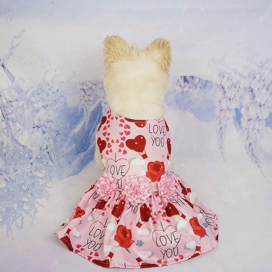Pet Valentine's Day Romantic Rose Print Dress - Pink - View 1