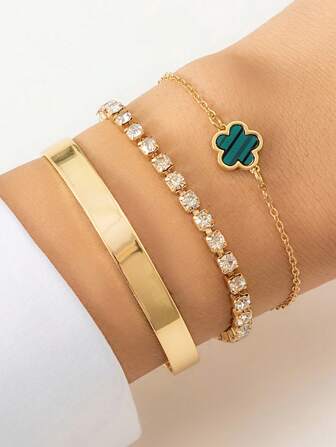3pcs/Set Hip-Hop & Punk Style Diamond Chain Clover Charm Bracelet, Geometric Bangle