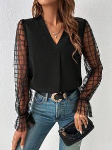 Blusa Negra De Moda Diseño Transparente De Manga Larga Para Mujer - Negro - Ver 2