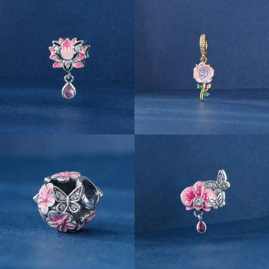 1 件 925 纯银串珠莲花、玫瑰、花朵蝴蝶和蝴蝶万物爆炸植物花卉元素情人节礼物送给妻子女友女士礼物 - 粉色 - 查看 1