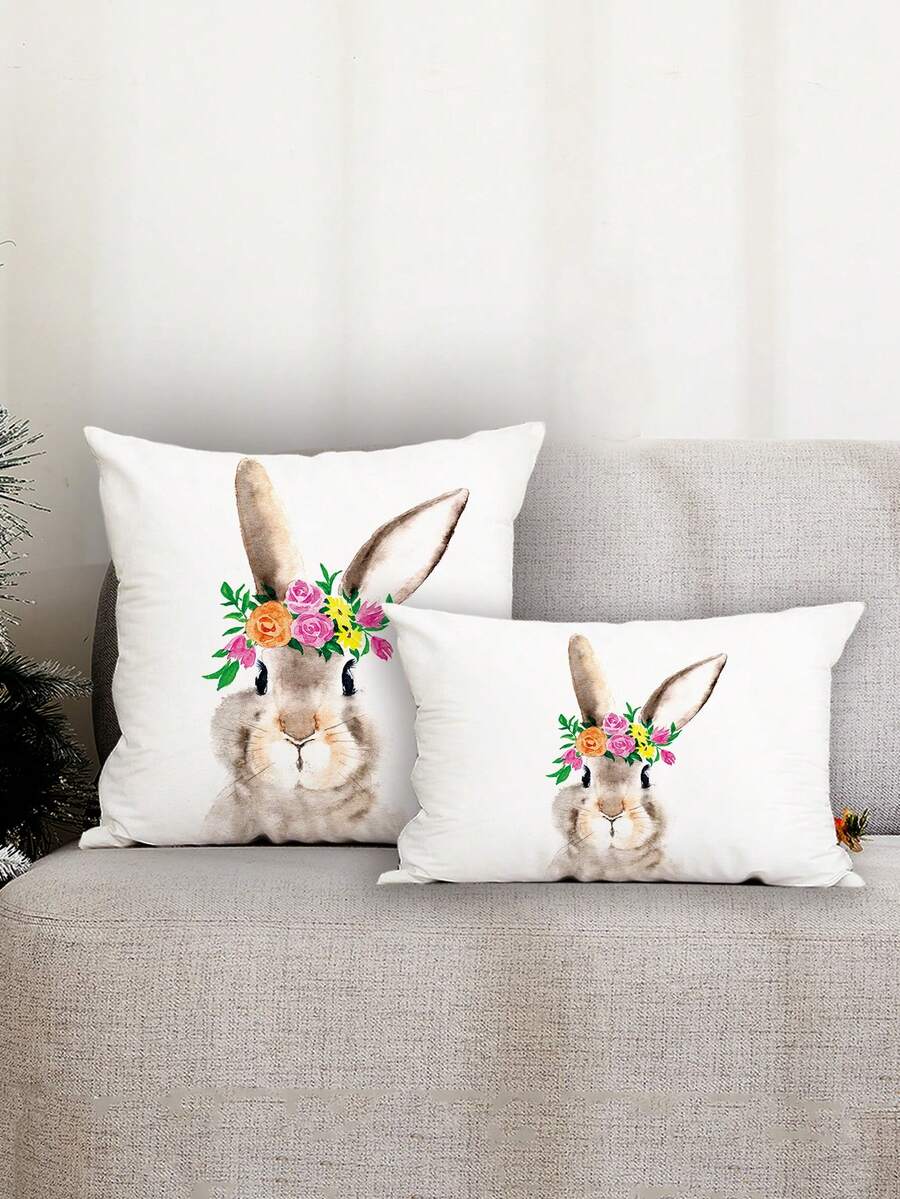 1 Pièce Taie D'oreiller Décorative Imprimée Lapin De Pâques Pour La Maison - Multicolore - Voir 1
