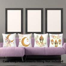 Set Of 4 Moon & Lantern Watercolor Floral Pattern Printed Short Plush Pillowcase Without Stuffing - Blue - View 3