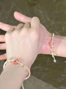 2pcs Fashion Sweet Pink Peace Woven Minority Hand Rope With Exquisite Joy National Style Bracelet - Baby Pink - View 6