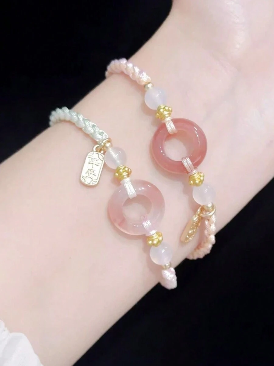 2pcs Fashion Sweet Pink Peace Woven Minority Hand Rope With Exquisite Joy National Style Bracelet - Baby Pink - View 1