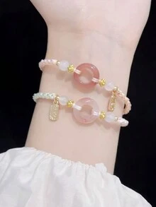 2pcs Fashion Sweet Pink Peace Woven Minority Hand Rope With Exquisite Joy National Style Bracelet - Baby Pink - View 3