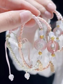2pcs Fashion Sweet Pink Peace Woven Minority Hand Rope With Exquisite Joy National Style Bracelet - Baby Pink - View 4